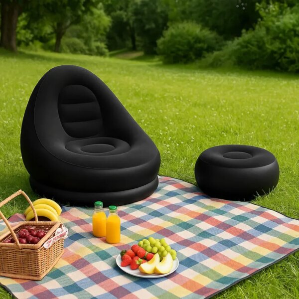 Надувное кресло с пуфиком 2в1 (116х98х83см, до 100кг) Air Sofa + насос, Черный / Надувной велюровый диван с пуфом