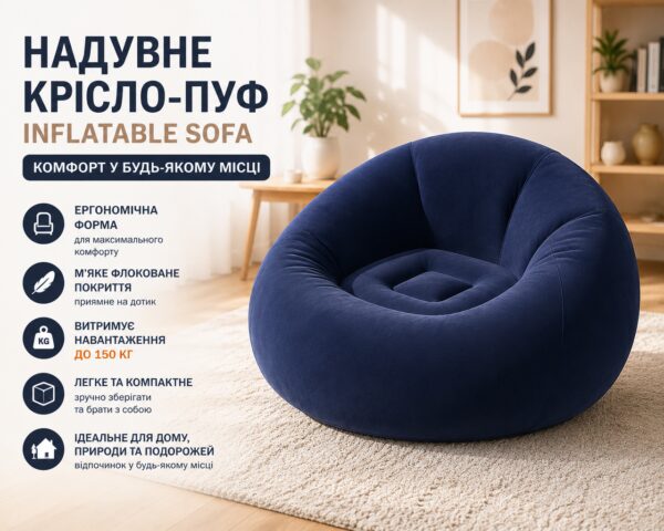 Надувное кресло-пуф Inflatable Sofa / Надувное кресло-мешок 110×110×85 см Темно-синий