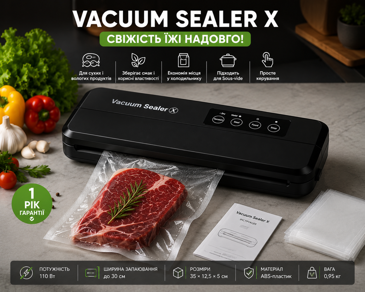 Вакууматор бытовой для продуктов пищи Vacuum Sealer X Pro 110W 60 кПа вакуумный упаковщик автоматический + 10 пакетов 10х25см