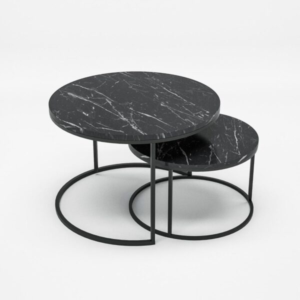 Набор журнальных столиков Solme Homepaketo 2 в 1 Marble Black, круглые кофейные столики 75 см и 60 см с мраморной столешницей