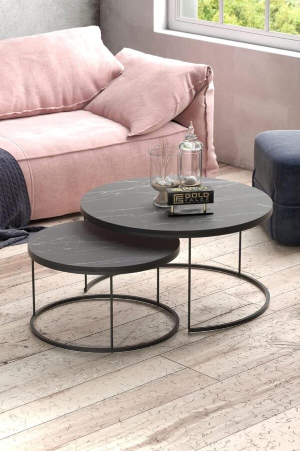 Набор журнальных столиков Solme Homepaketo 2 в 1 Marble Black, круглые кофейные столики 75 см и 60 см с мраморной столешницей