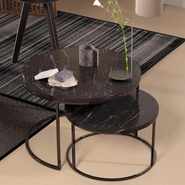 Набор журнальных столиков Solme Homepaketo 2 в 1 Marble Black, круглые кофейные столики 75 см и 60 см с мраморной столешницей