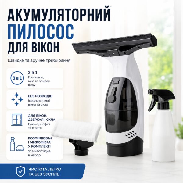 Компактный аккумуляторный стеклоочиститель с распылителем и микрофиброй (150 мл) / Беспроводной пылесос для стекла / Мойщик окон