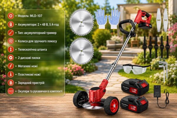 Газонокосилка/тример для покоса травы MLD-107 / Аккумуляторныйтриммер 48 В, 5000 мАг / Тример для травы 2 АКБ + колеса