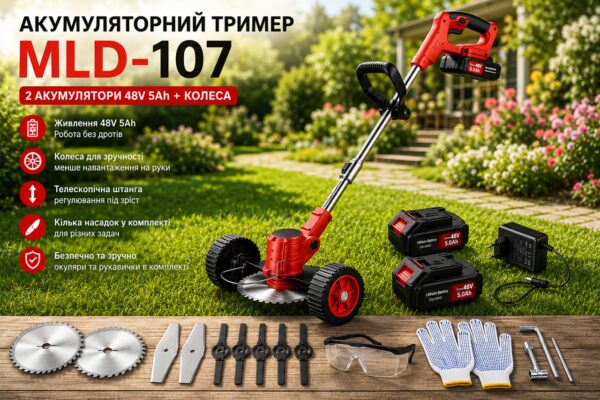 Газонокосилка/тример для покоса травы MLD-107 / Аккумуляторныйтриммер 48 В, 5000 мАг / Тример для травы 2 АКБ + колеса