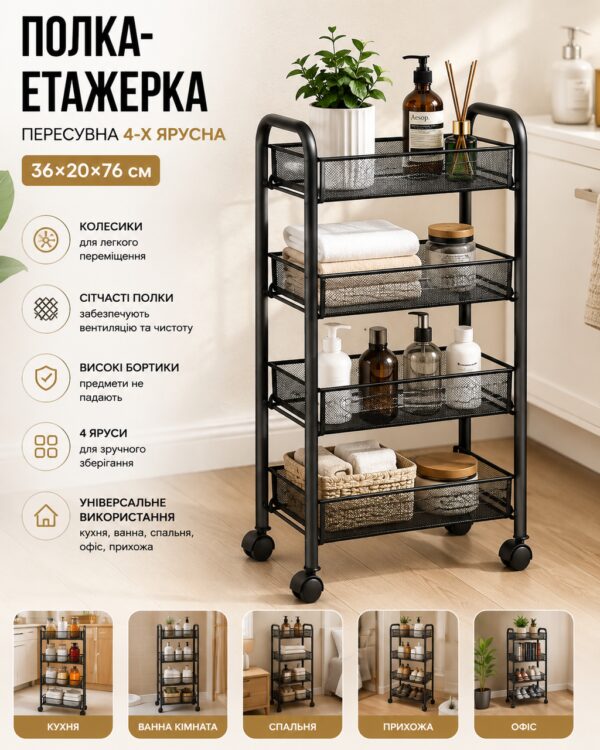 Полка-этажерка 64204 / Этажерка передвижная 4-х ярусная / Тележка-стеллаж на колесах