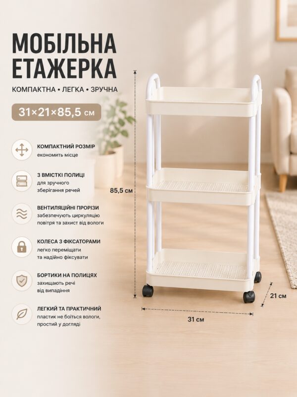 Полка-этажерка 64205 / Мобильная пластиковая этажерка 31×21×85,5 см / Полка на колесах