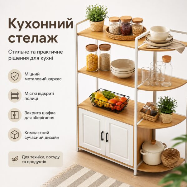 Кухонный стеллаж с открытыми полками и шкафчиком, 120х40см, Белый / Этажерка кухонная