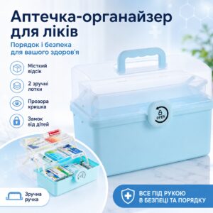 Аптечка органайзер для лекарств, 37х23х26 см, Голубой / Органайзер для хранения лекарств / Контейнер для лекарств