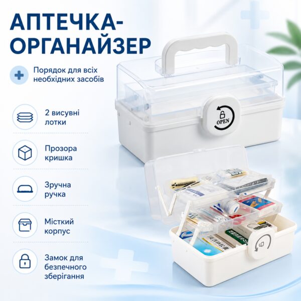 Органайзер для лекарств 28×15×14 см, пластиковая аптечка с ручкой, лотками и прозрачной крышкой