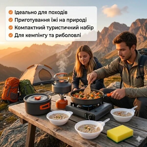 Набор туристической посуды 7 в 1 из анодированного алюминия, походный комплект для кемпинга на 2–3 человека с кастрюлями, сковород