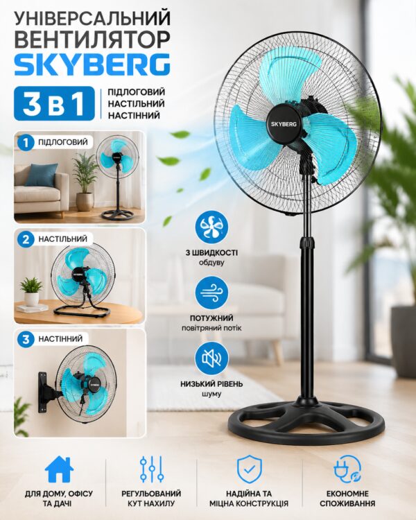 Универсальный вентилятор 3 в 1 SKYBERG: напольный, настольный, настенный
