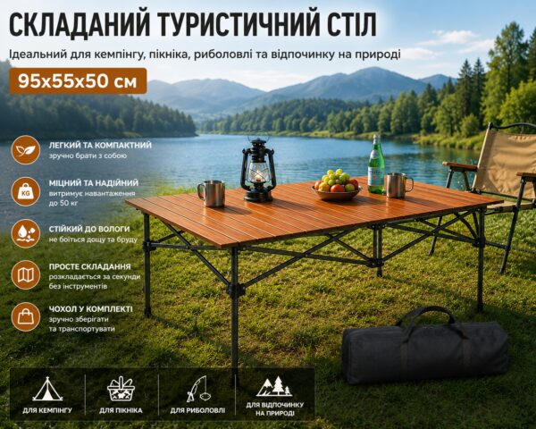 Складной прямоугольный стол для пикника 95x55x50см, туристический раскладной стол в чехле Коричневый DSL-8-Brown