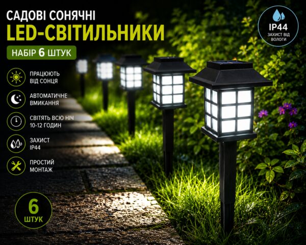 Садовые фонарики на солнечных батареях, 6 шт