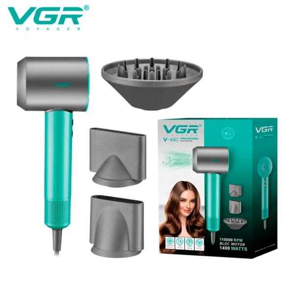 Профессиональный фен VGR V-440 GREEN 1400 Вт, фен для сушки и укладки волос с 3 насадками, 3 уровнями обдува и холодным воздухом
