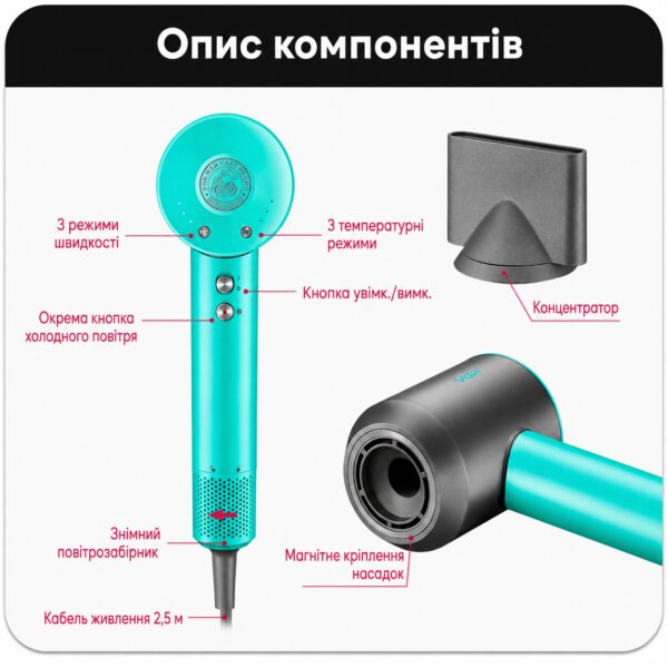 Профессиональный фен VGR V-440 GREEN 1400 Вт, фен для сушки и укладки волос с 3 насадками, 3 уровнями обдува и холодным воздухом
