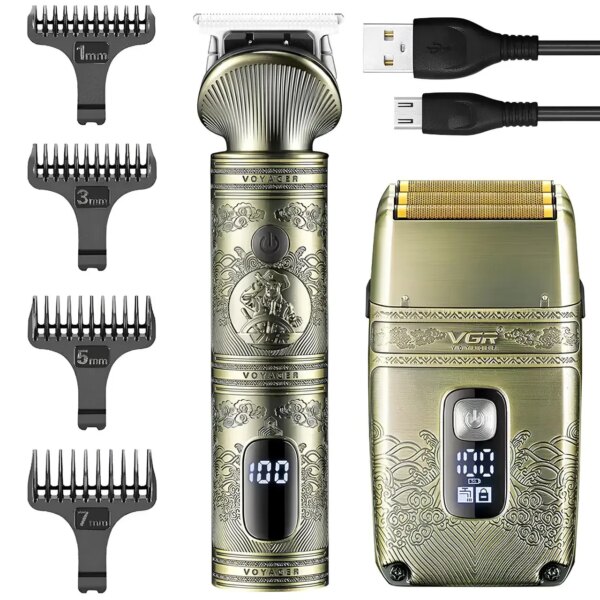 Машинка для стрижки волос и бороды с 4 насадками, с USB, VGR V-649, Золотистый / Набор шейвер и триммер для стрижки