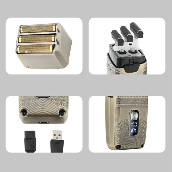 Электробритва шейвер VGR V-335 от USB, с LED дисплеем, Золотистый / Профессиональная бритва с тремя ножевыми блоками