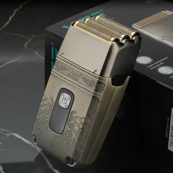 Электробритва шейвер VGR V-335 от USB, с LED дисплеем, Золотистый / Профессиональная бритва с тремя ножевыми блоками