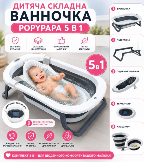 Детский набор для купания PopyPapa Baby 5-в-1 | Складная детская ванночка со стойкой | Сиденье для купания новорожденных