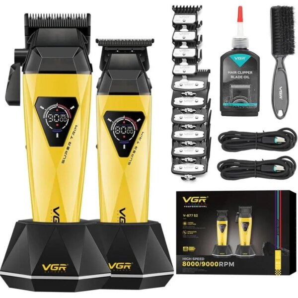 Набор машинок для стрижки VGR V-877S2 Gold/Green 2 в 1 с триммером, LCD-дисплеем, насадками и USB-C зарядкой