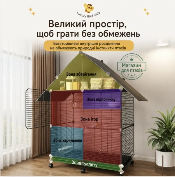 Большая металлическая клетка для птиц 74×37×152 см на колесах с крышей + игрушки / Клетка для попугая канарейки / Вольер для птиц
