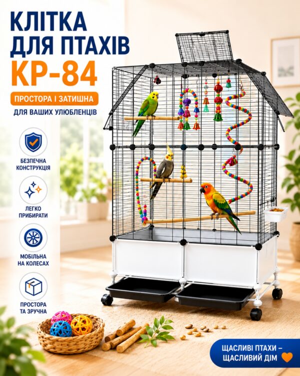 Клетка для птиц KP-84 металлическая передвижная для попугаев и канареек | Просторная металлическая клетка KP-84 для птиц