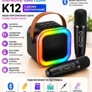 Караоке-система K12 с двумя микрофонами, Bluetooth, черная