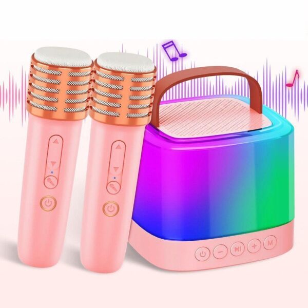 Портативная колонка-караоке + 2 микрофона, Bluetooth, USB, TF, AUX, T7, Розовый / Беспроводная колонка / Блютуз колонка