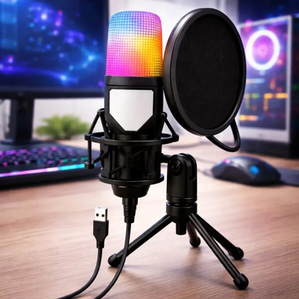 Конденсаторный микрофон с поп-фильтром и RGB подсветкой, от USB, Черный / Игровой микрофон для ПК / Микрофон для подкастов