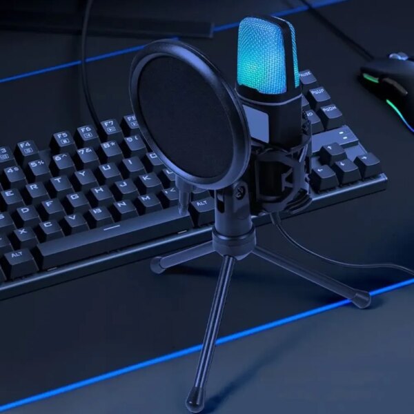 Конденсаторный микрофон с поп-фильтром и RGB подсветкой, от USB, Черный / Игровой микрофон для ПК / Микрофон для подкастов
