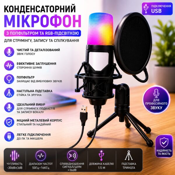 Конденсаторный микрофон с поп-фильтром и RGB подсветкой, от USB, Черный / Игровой микрофон для ПК / Микрофон для подкастов