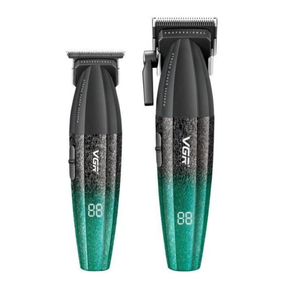 Набор для стрижки VGR V-640 GREEN 2 в 1, аккумуляторная машинка для волос и триммер с LED-дисплеем, USB-C зарядкой и насадками