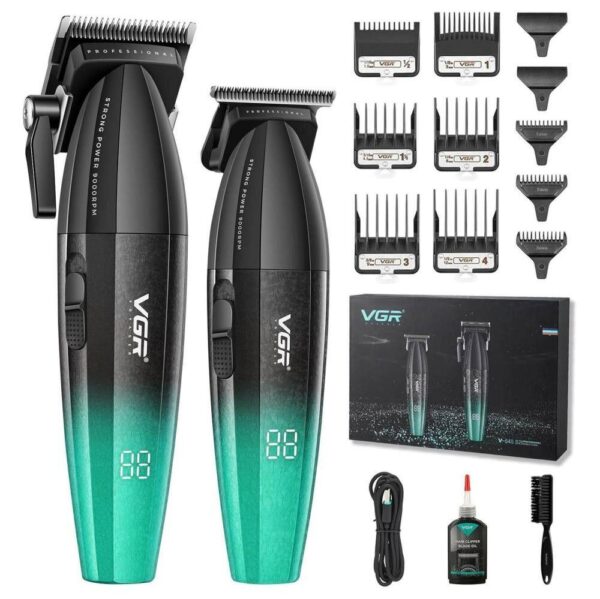 Набор для стрижки VGR V-640 GREEN 2 в 1, аккумуляторная машинка для волос и триммер с LED-дисплеем, USB-C зарядкой и насадками