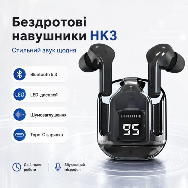 Беспроводные Bluetooth-наушники HK3 TWS вакуумные с LED-дисплеем, шумоподавлением, микрофоном, игровым режимом и зарядным