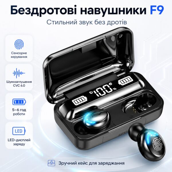 Наушники беспроводные F9 с Bluetooth и зарядным кейсом, Черные / Наушники вакуумные с дисплеем