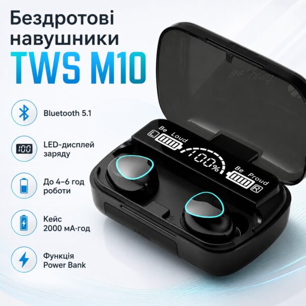 Беспроводные Bluetooth наушники с дисплеем и микрофоном TWS M10, Черный / Блютуз наушники с функцией PowerBank