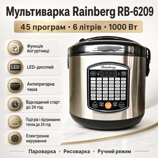 УЦЕНКА! Мультиварка Rainberg RB-6209 Металлик + сітка для фритюру 1000 Вт с 45 программами на 6 л (Вмятина, Плохая упаковка 3288)