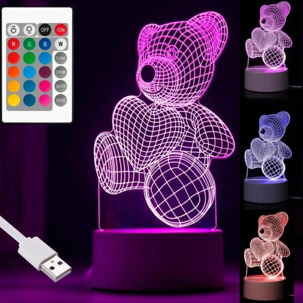 УЦЕНКА! 3D ночник Мишка с сердцем + пульт, от USB / Акриловый светильник / Лампа-ночник (Плохая упаковка 3280)