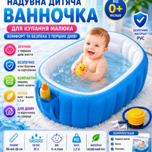 Надувная ванна для детей, с подушкой и карманом голубой