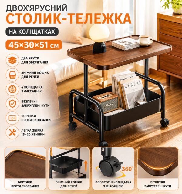 Стеллажная полка на колесах (26013) / Прикроватный органайзер-этажерка / Тележка с деревянной полкой / Мобильный столик на колесах