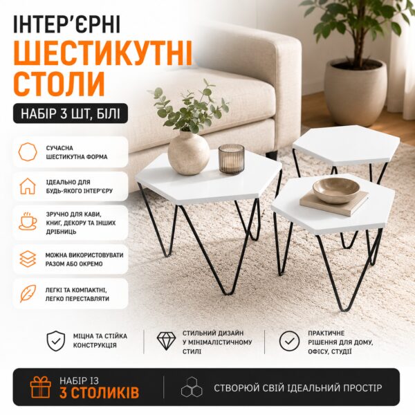 Набор кофейно-журнальных столиков (1916) / Интерьерные шестиугольные столы (3 шт) Белый