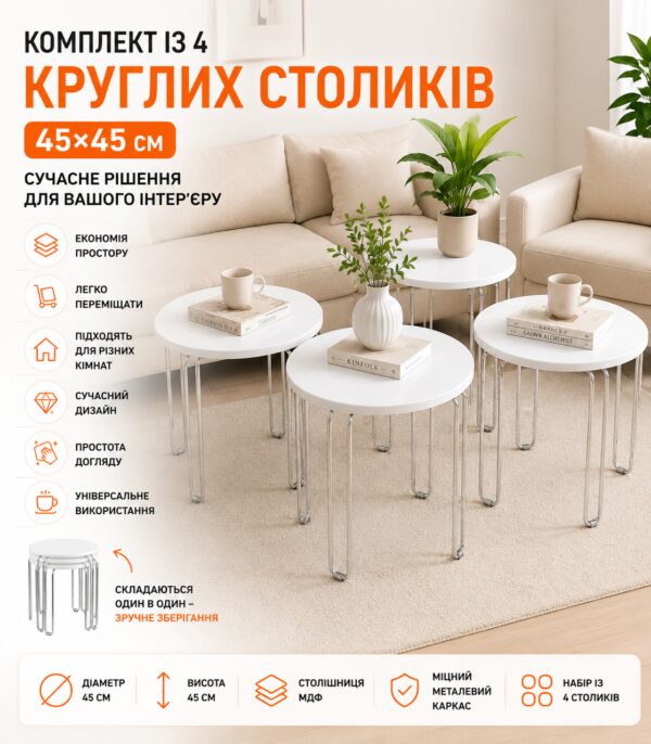 Комплект круглых журнальных столиков 4в1, 45х45 см, Белый / Кофейный столик / Кофейный столик / Стол журнальный Подробнее: https:/
