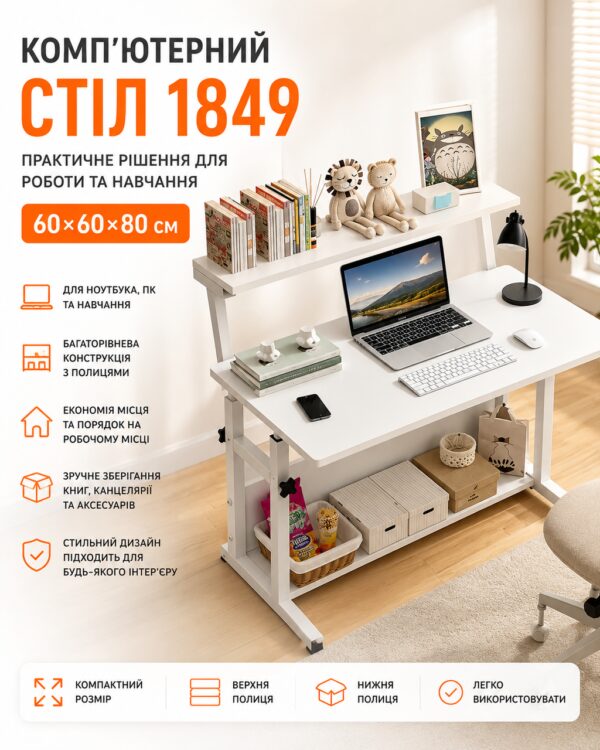 Компьютерный стол 1849 белый 60×60×80 см Стол для ноутбука, обучение и работы 1849 с полками для дома и офиса