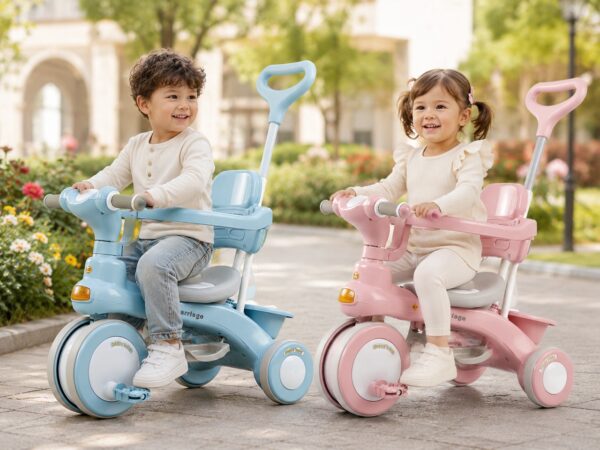 Голубой Трехколесный велосипед Baby Carriage 588 / Велосипед с родительской ручкой и корзиной / Велосипед-коляска