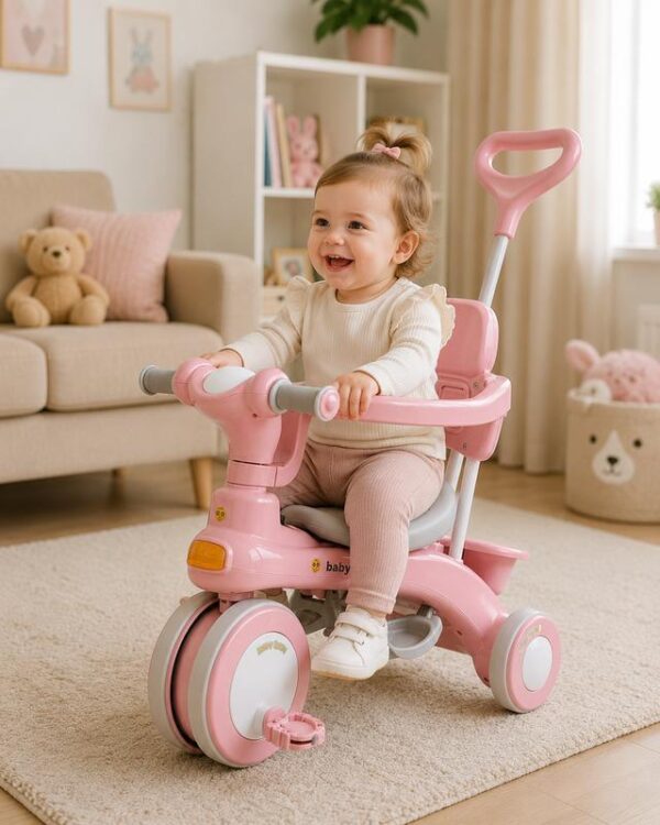 Розовый Трехколесный велосипед Baby Carriage 588 / Велосипед с родительской ручкой и корзиной / Велосипед-коляска