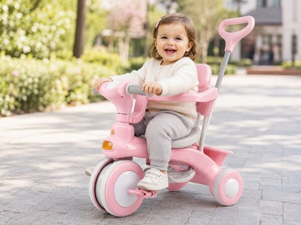 Розовый Трехколесный велосипед Baby Carriage 588 / Велосипед с родительской ручкой и корзиной / Велосипед-коляска