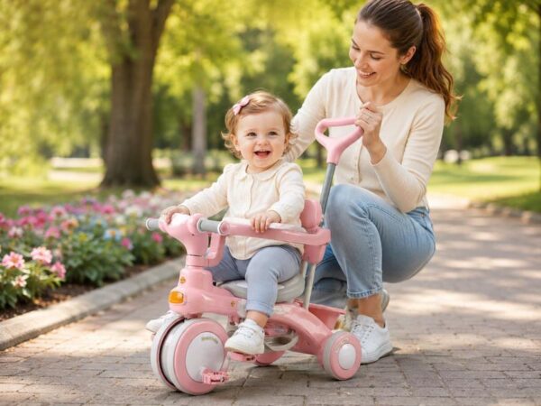 Розовый Трехколесный велосипед Baby Carriage 588 / Велосипед с родительской ручкой и корзиной / Велосипед-коляска
