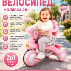 Розовый Трехколесный велосипед Baby Carriage 588 / Велосипед с родительской ручкой и корзиной / Велосипед-коляска