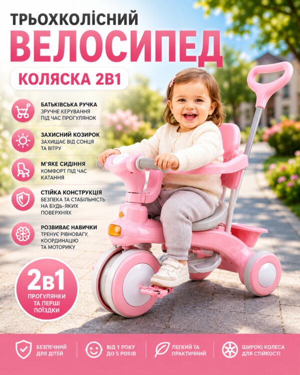 Розовый Трехколесный велосипед Baby Carriage 588 / Велосипед с родительской ручкой и корзиной / Велосипед-коляска